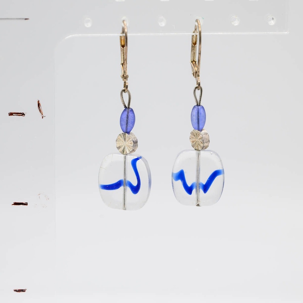 Unbranded Drop Earrings OS Blue Clear Glass Swirl Lever Back Dangle